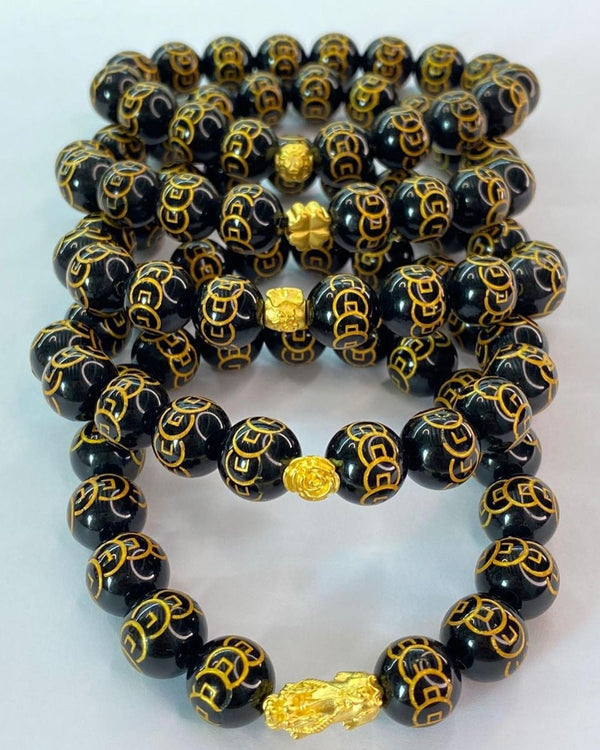 Black Obsidian Lucky Coin with 24K Real Gold Charms