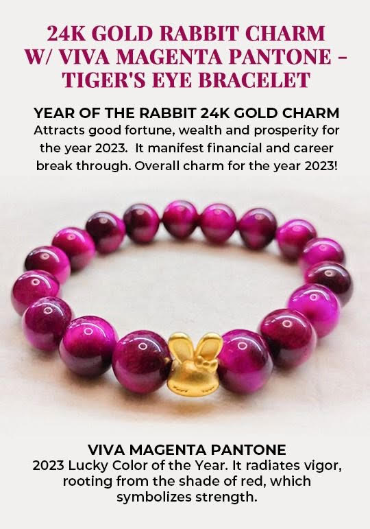 24K Gold Rabbit charm with Viva Magenta Pantone Tiger's Eye